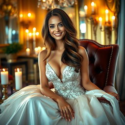 A stunning woman with long flowing hair, dressed in a beautiful, elegant evening gown