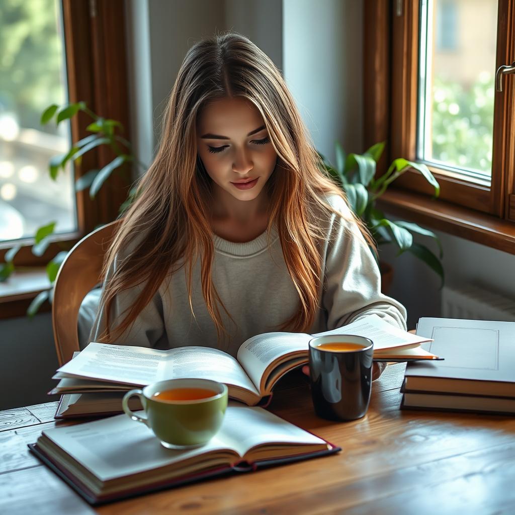 A serene and focused scene of a young woman studying with her book in a cozy, well-lit room