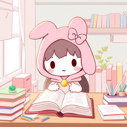 A cute and charming illustration of My Melody, the adorable Sanrio character, sitting at a study desk surrounded by books