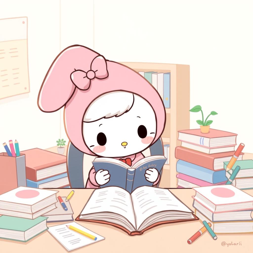 A cute and charming illustration of My Melody, the adorable Sanrio character, sitting at a study desk surrounded by books