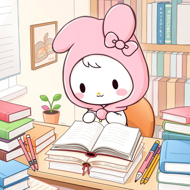 A cute and charming illustration of My Melody, the adorable Sanrio character, sitting at a study desk surrounded by books