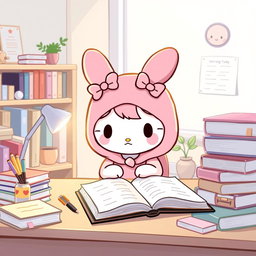 A cute and charming illustration of My Melody, the adorable Sanrio character, sitting at a study desk surrounded by books