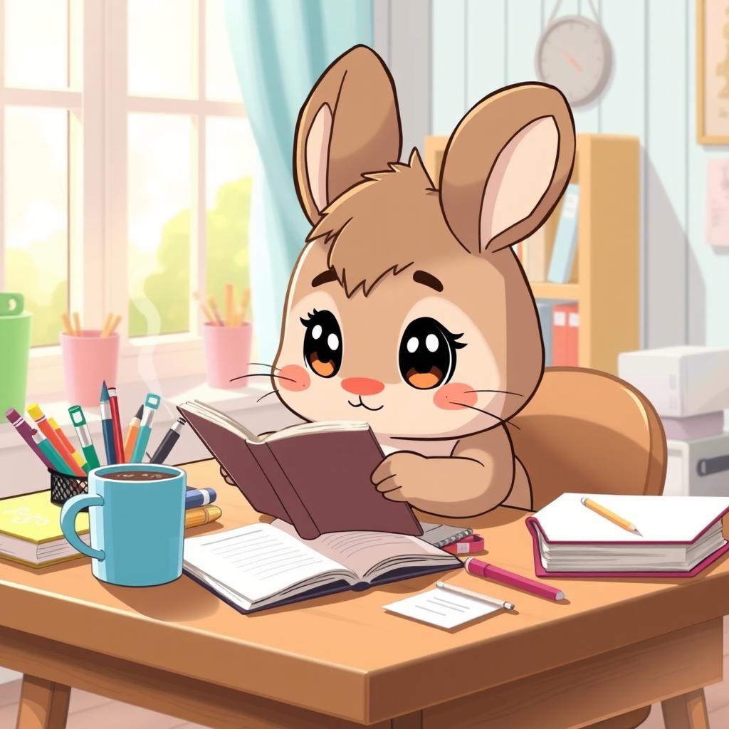 A cute scene of a cartoon character named Cinnamonroll studiously reading a book at a wooden desk with colorful school supplies scattered around