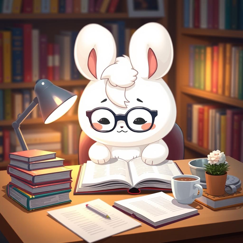 Cinnamoroll, the adorable, fluffy white dog with large floppy ears, sitting at a cozy study desk surrounded by books and study materials