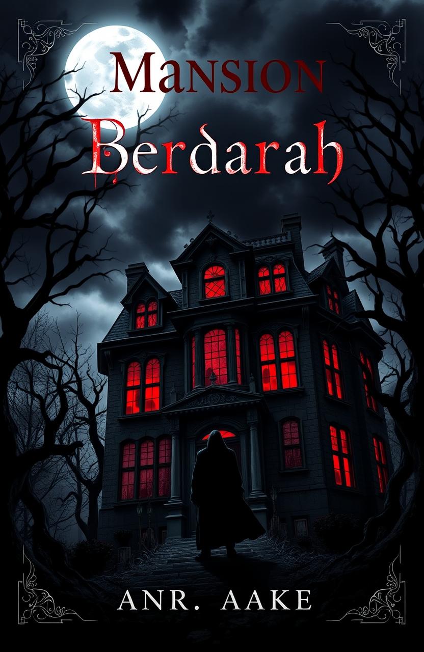 A gripping novel cover design for 'Mansion Berdarah', showcasing a dark, foreboding mansion surrounded by twisted trees