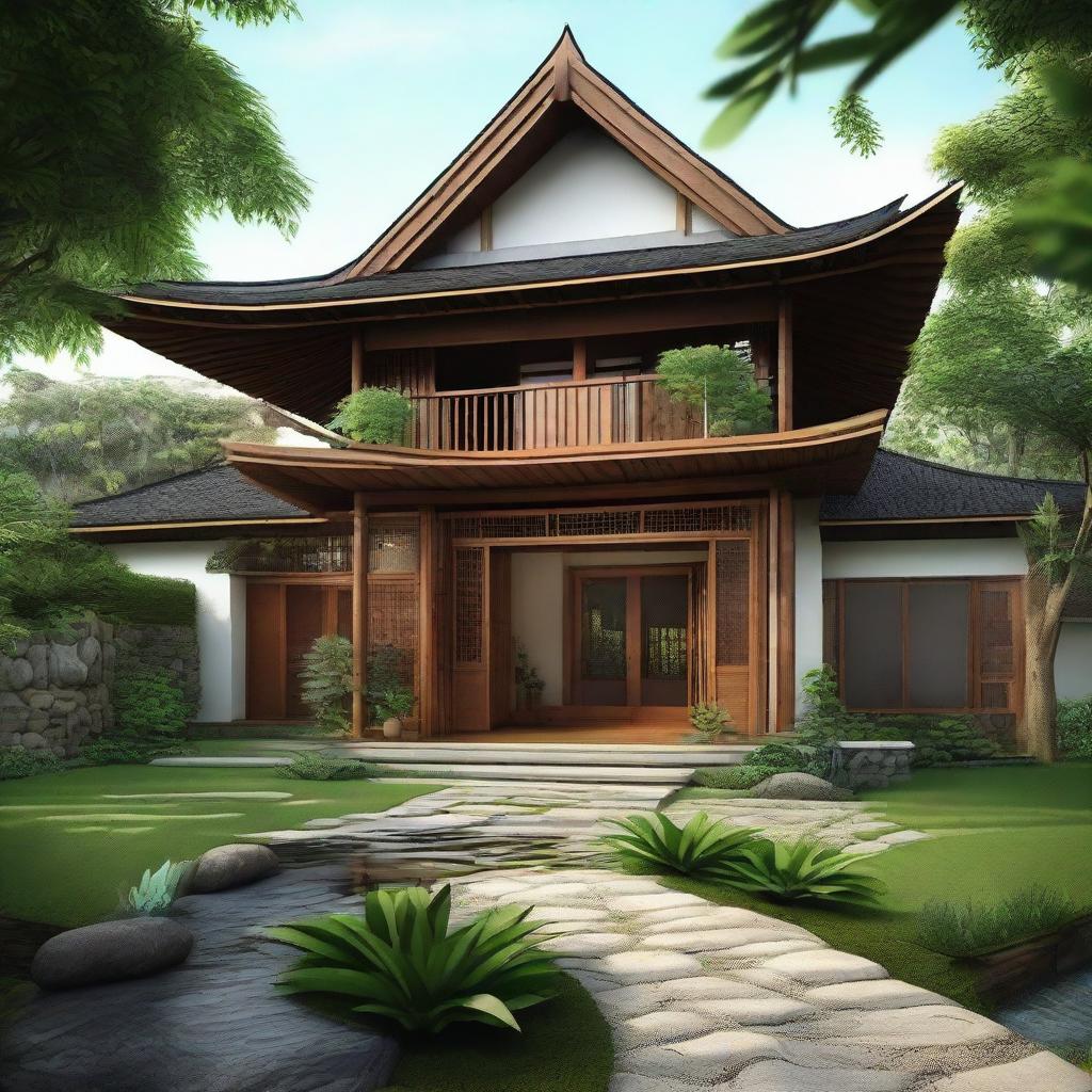 A unique exterior design for a house blending Javanese and Japanese architectural elements. Features include bamboo and wood structures, a pitched thatched or tiled roof, zen-inspired landscaping with lush tropical plants, a koi pond, and a stone pathway leading to a tranquility-inspiring entrance.