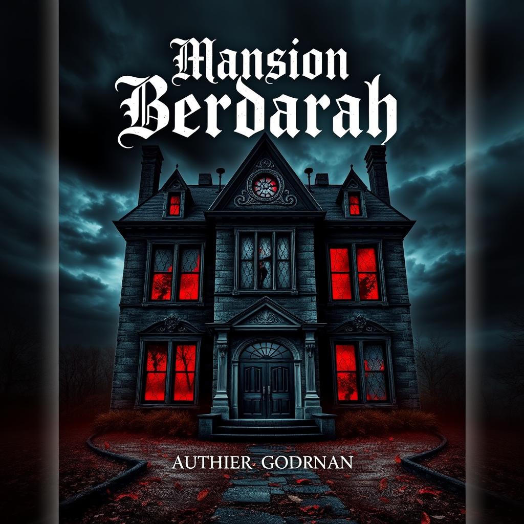 A visually striking cover design for 'Mansion Berdarah', featuring a large, ominous mansion set against a backdrop of a deep, stormy night sky