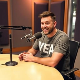 A podcast setup featuring a man sitting at a table with a microphone in front of him, wearing a casual t-shirt that has the word "VEA" printed boldly on it