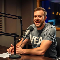A podcast setup featuring a man sitting at a table with a microphone in front of him, wearing a casual t-shirt that has the word "VEA" printed boldly on it