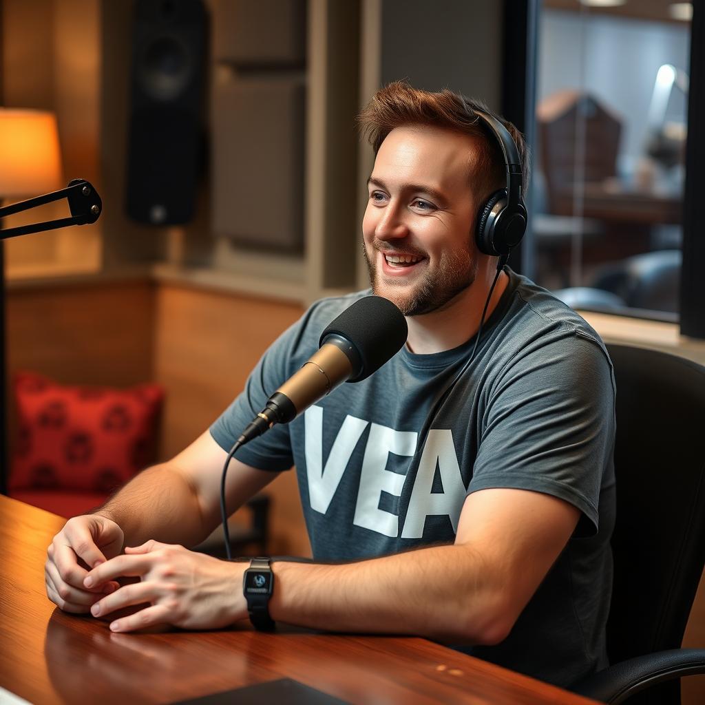A podcast setup featuring a man sitting at a table with a microphone in front of him, wearing a casual t-shirt that has the word "VEA" printed boldly on it