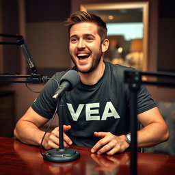 A podcast setup featuring a man sitting at a table with a microphone in front of him, wearing a casual t-shirt that has the word "VEA" printed boldly on it