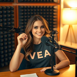 A podcast setup featuring a beautiful woman sitting at a table with a microphone in front of her, wearing a casual t-shirt that has the word "VEA" printed clearly on it