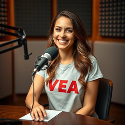 A podcast setup featuring a beautiful woman sitting at a table with a microphone in front of her, wearing a casual t-shirt that has the word "VEA" printed clearly on it