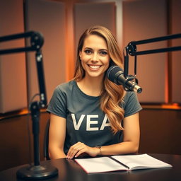 A podcast setup featuring a beautiful woman sitting at a table with a microphone in front of her, wearing a casual t-shirt that has the word "VEA" printed clearly on it