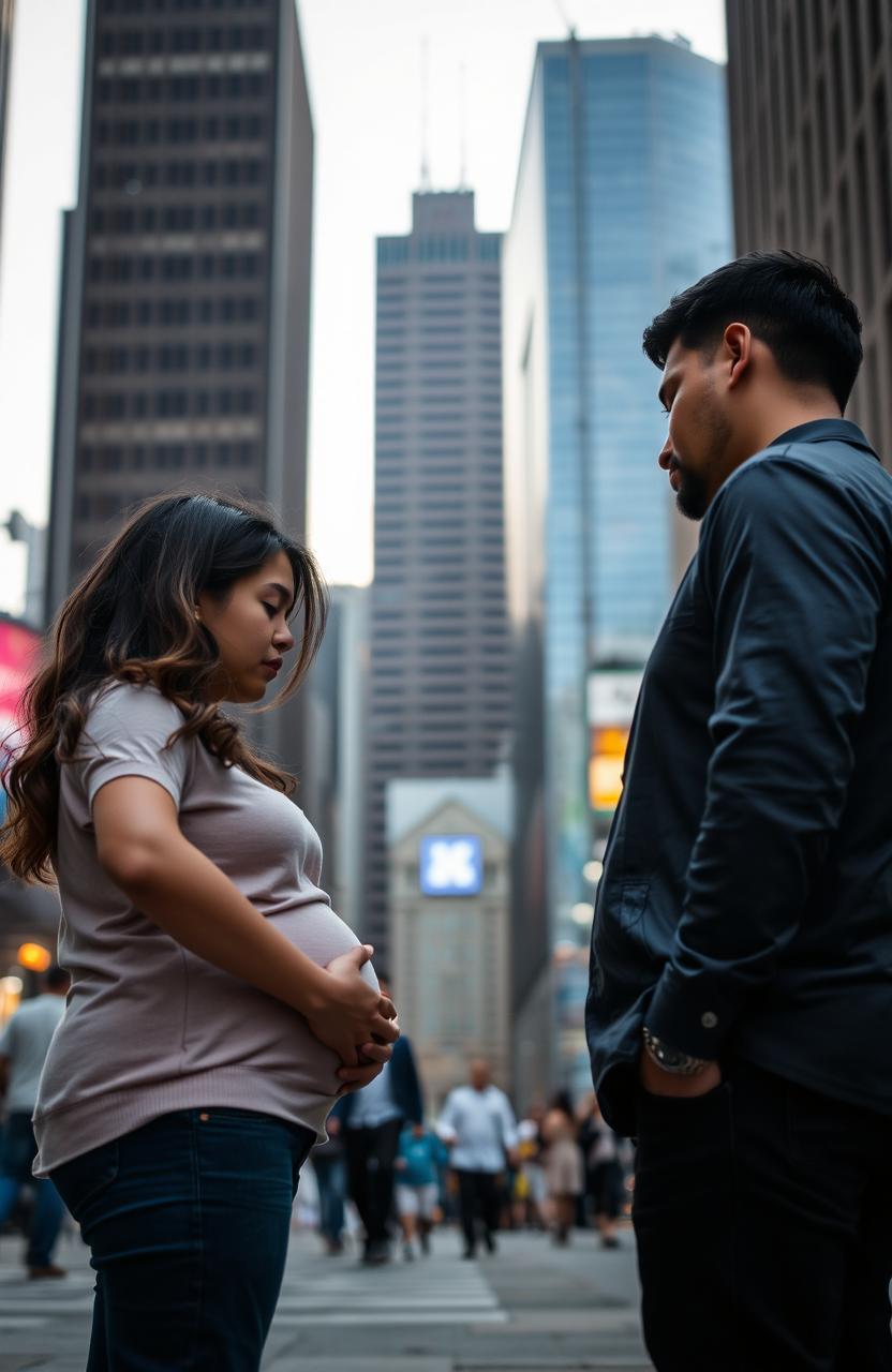 In a bustling urban environment featuring tall buildings and city life, two couples are positioned facing away from each other