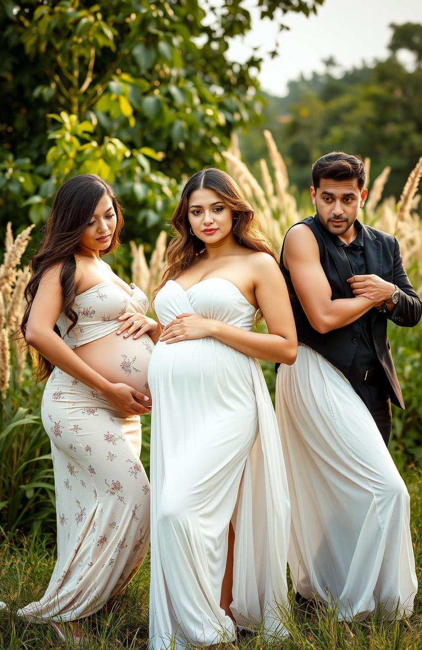 A stunning composition featuring beautiful pregnant women gracefully posing in an outdoor setting, surrounded by nature, embodying the essence of motherhood and beauty