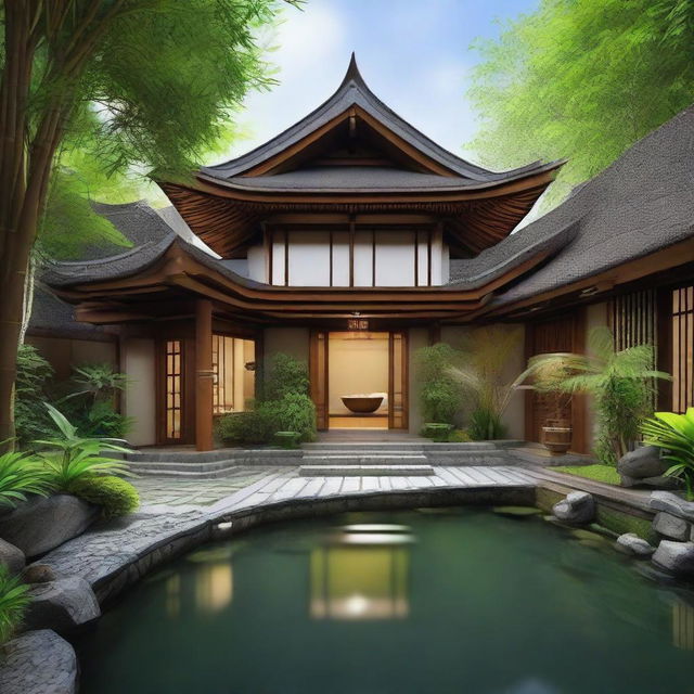 A unique exterior design for a house blending Javanese and Japanese architectural elements. Features include bamboo and wood structures, a pitched thatched or tiled roof, zen-inspired landscaping with lush tropical plants, a koi pond, and a stone pathway leading to a tranquility-inspiring entrance.