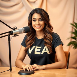 A podcast setup featuring a beautiful woman sitting at a table with a microphone in front of her, wearing a stylish t-shirt that prominently displays the word "VEA"