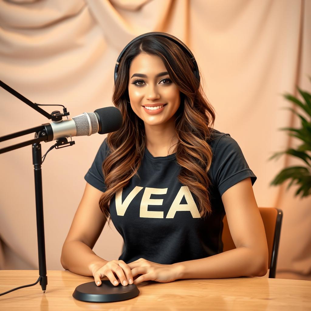 A podcast setup featuring a beautiful woman sitting at a table with a microphone in front of her, wearing a stylish t-shirt that prominently displays the word "VEA"