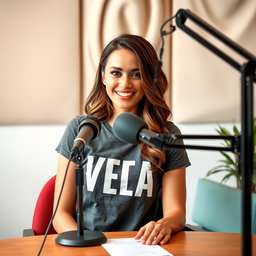 A podcast setup featuring a beautiful woman sitting at a table with a microphone in front of her, wearing a stylish t-shirt that prominently displays the word "VEA"