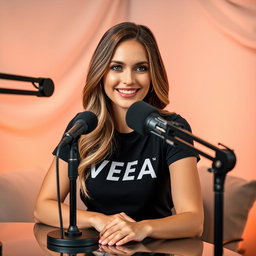 A podcast setup featuring a beautiful woman sitting at a table with a microphone in front of her, wearing a stylish t-shirt that prominently displays the word "VEA"
