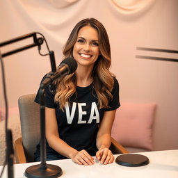 A podcast setup featuring a beautiful woman sitting at a table with a microphone in front of her, wearing a stylish t-shirt that prominently displays the word "VEA"