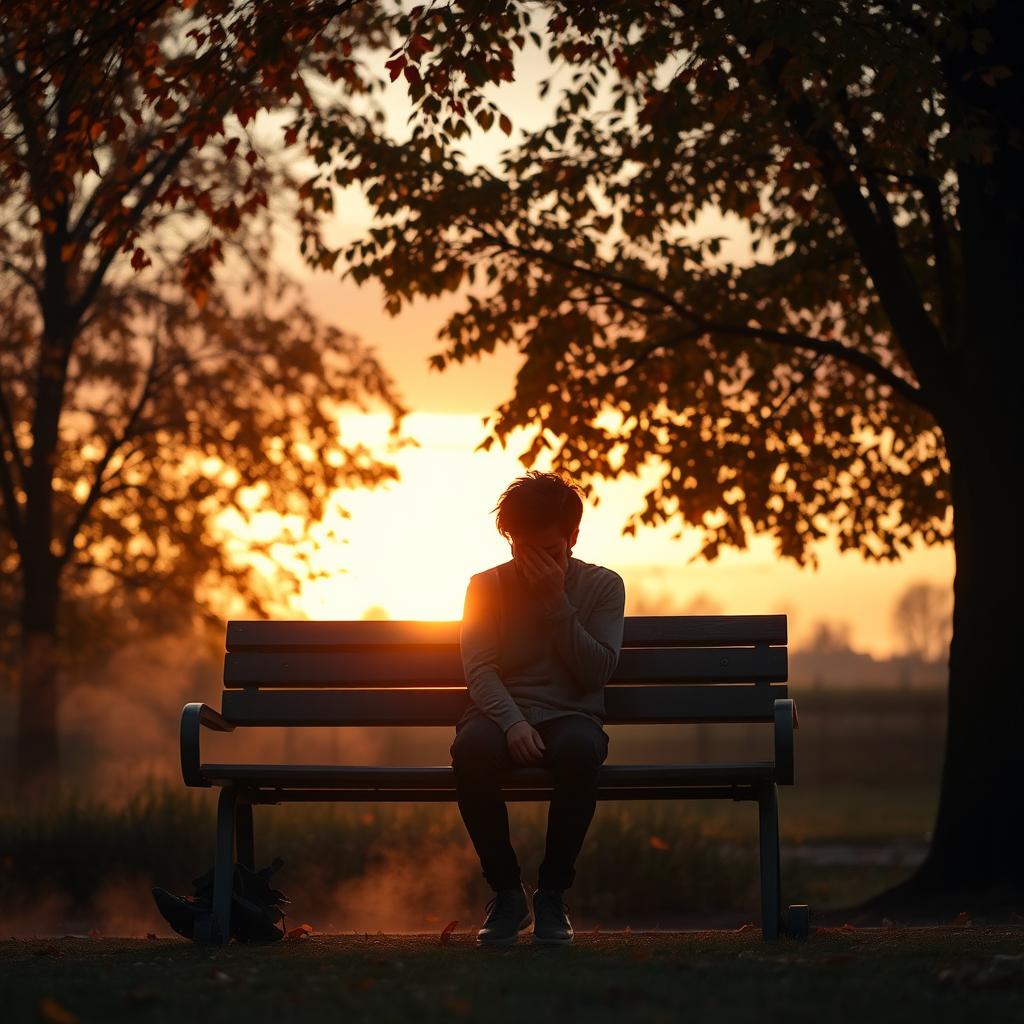 A solitary figure sitting on a park bench under the soft glow of a sunset, surrounded by colorful autumn leaves falling from the trees, with a melancholic expression on their face