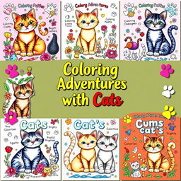 A delightful collection of cat-themed coloring book covers showcasing various cat breeds in playful settings