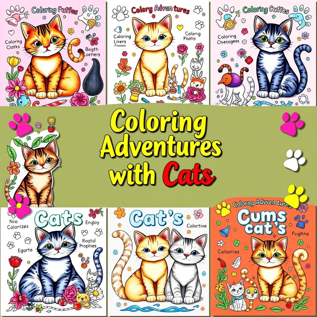 A delightful collection of cat-themed coloring book covers showcasing various cat breeds in playful settings