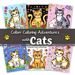 A delightful collection of cat-themed coloring book covers showcasing various cat breeds in playful settings