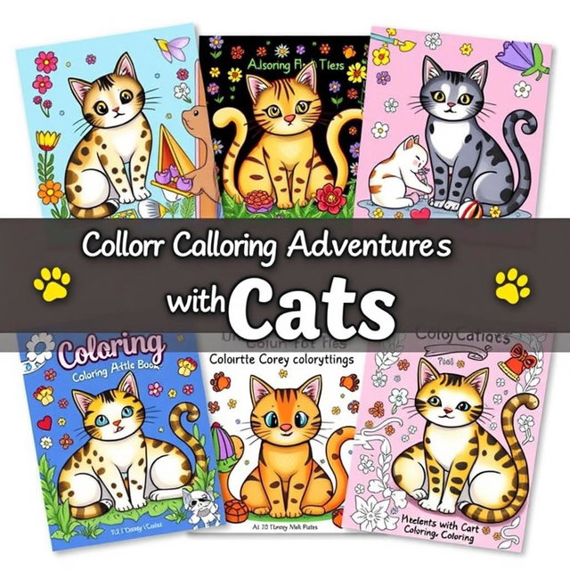 A delightful collection of cat-themed coloring book covers showcasing various cat breeds in playful settings