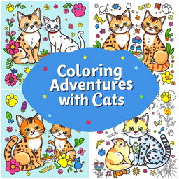 A delightful collection of cat-themed coloring book covers showcasing various cat breeds in playful settings