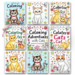 A delightful collection of cat-themed coloring book covers showcasing various cat breeds in playful settings