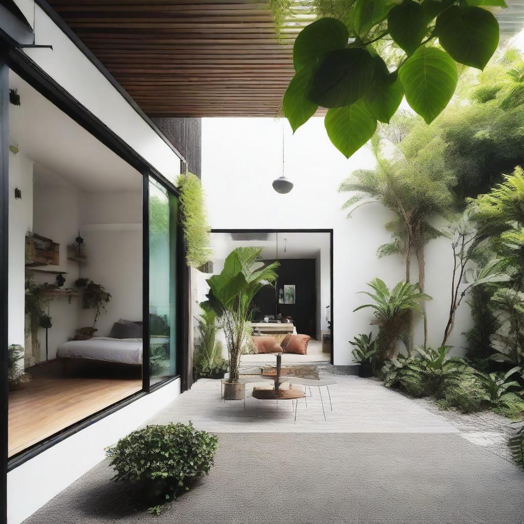 An intriguing exterior design of a house blending Javanese, Scandinavian, and Industrial influences. Features include a unique blend of Java craft details, stark Scandi-white walls, rustic raw industrial elements like metal frames or exposed bricks, surrounded by manicured, lush, tropical greenery.