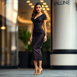 A stunning model wearing an elegant, form-fitting outfit that beautifully emphasizes her shape