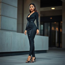 A stunning model dressed in an elegant, form-fitting outfit that highlights and emphasizes her beautiful shape