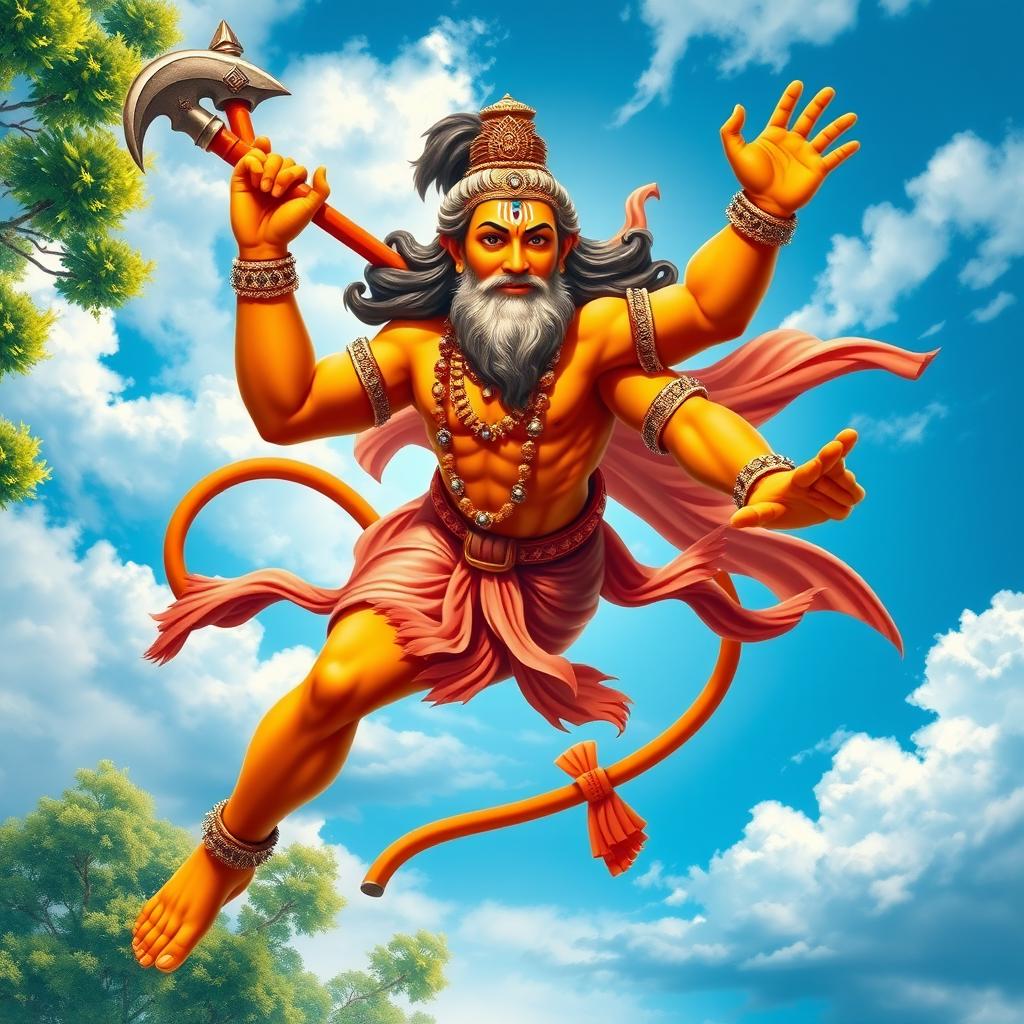 A majestic depiction of Hanuman, the Hindu monkey god, showcasing his vibrant orange skin and muscular physique