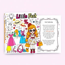 A vibrant and engaging cover design for a coloring book titled 'Color the World of a Little Fashionista'