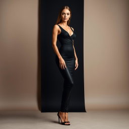 A stunning model in an elegant, tight-fitting outfit paired with stylish leggings that beautifully emphasize her shape