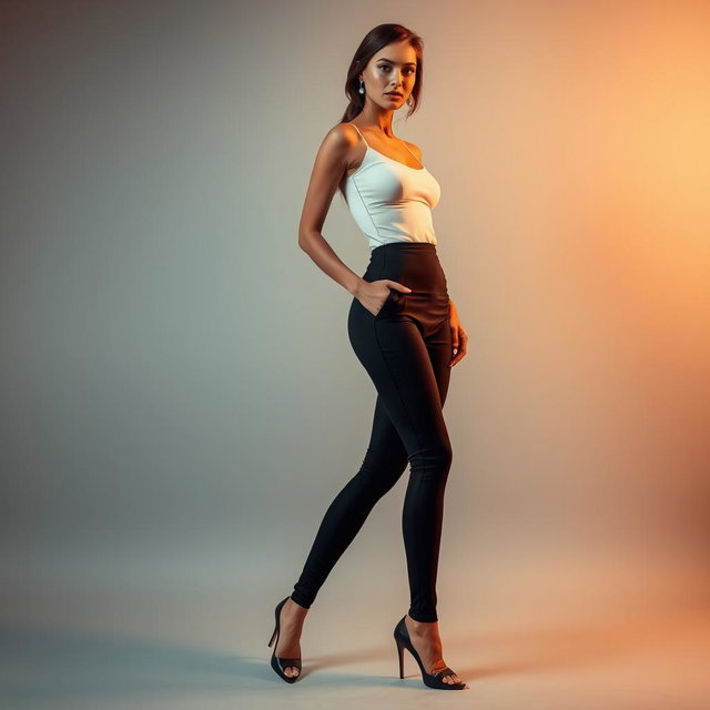 A stunning model in an elegant, tight-fitting outfit paired with stylish leggings that beautifully emphasize her shape