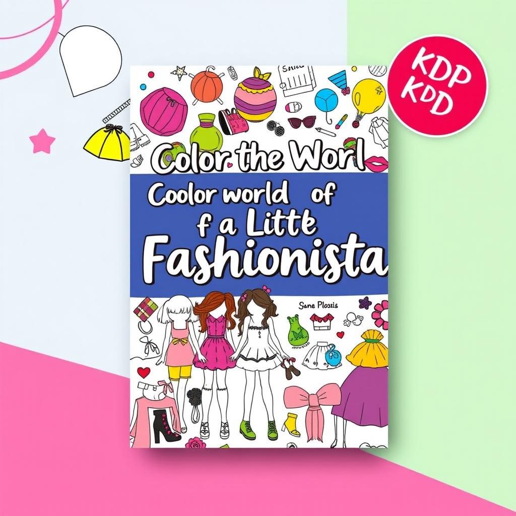 A vibrant and playful coloring book cover designed for KDP, featuring the title 'Color the World of a Little Fashionista' prominently on the front