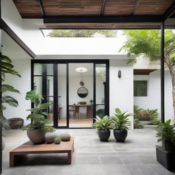 An intriguing exterior design of a house blending Javanese, Scandinavian, and Industrial influences. Features include a unique blend of Java craft details, stark Scandi-white walls, rustic raw industrial elements like metal frames or exposed bricks, surrounded by manicured, lush, tropical greenery.