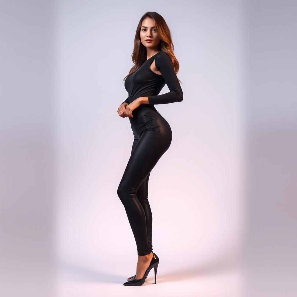 A stunning model in an elegant, tight-fitting outfit and leggings that emphasize her shape, standing in a full-length pose