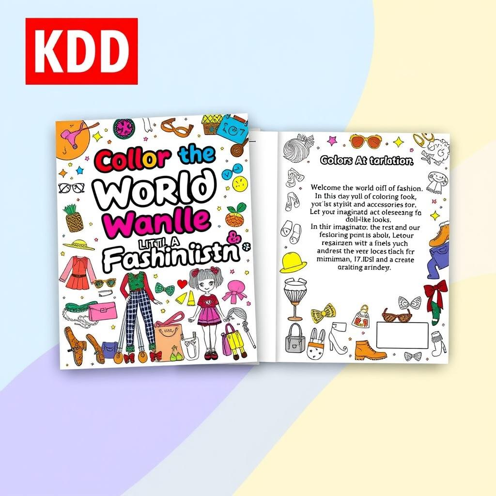 A delightful and engaging coloring book cover designed for KDP, featuring the title 'Color the World of a Little Fashionista' in a lively and fashionable font on the front