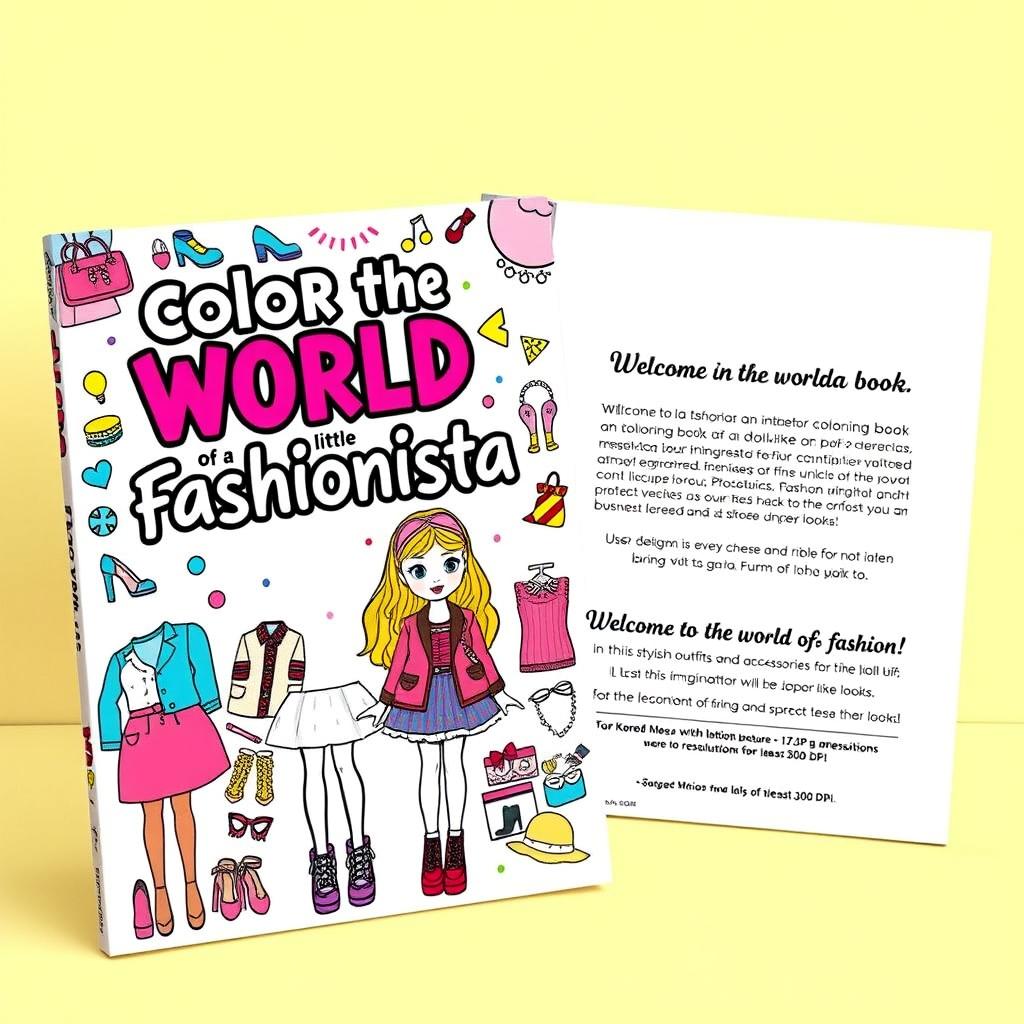 A vibrant and eye-catching cover design for a coloring book, featuring a playful and stylish illustration related to fashion for young girls