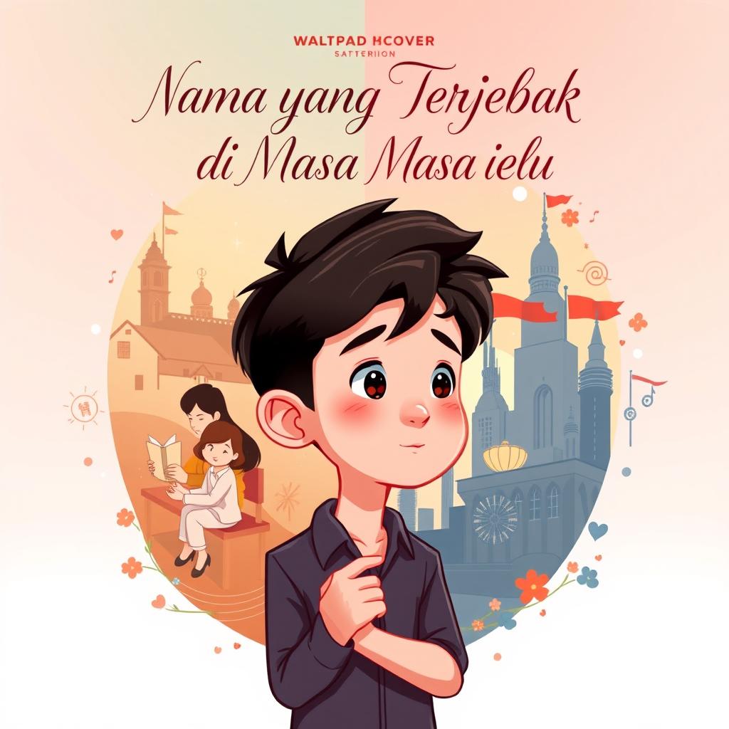 An enchanting book cover for a Wattpad story titled 'Nama yang Terjebak di Masa Lalu'