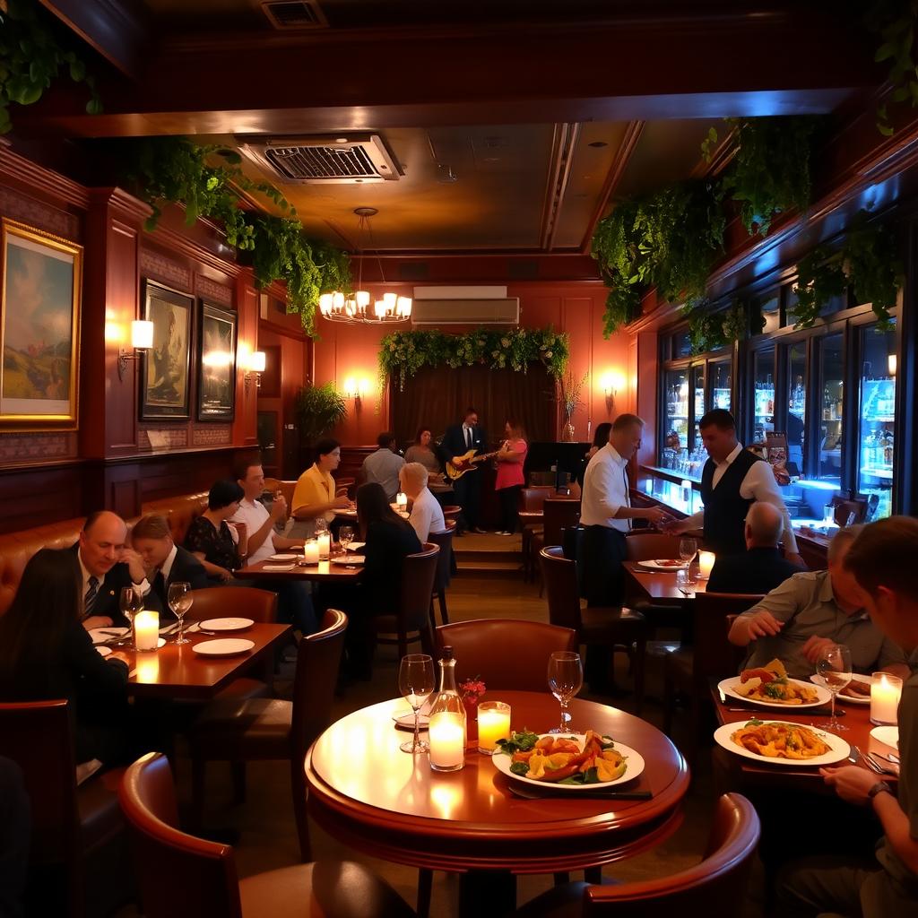 An inviting and warm interior of a restaurant, featuring elegant wooden tables with soft candlelight, surrounded by plush seating