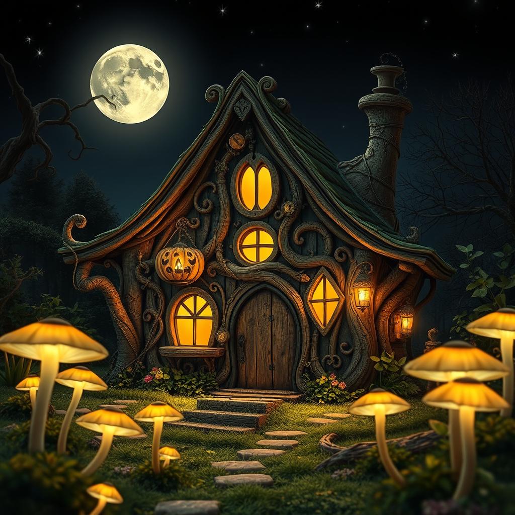 A magical fairy elven wooden home, intricately designed with twisting vines and floral patterns, surrounded by softly glowing, lightly luminous cubensis mushrooms in the garden