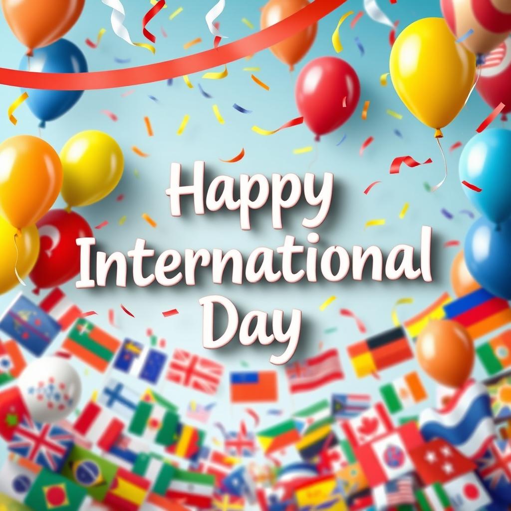 An artistic representation of the phrase 'Happy International Day' elegantly integrated into a vibrant background filled with celebratory elements such as balloons, confetti, and a colorful array of flags from around the world