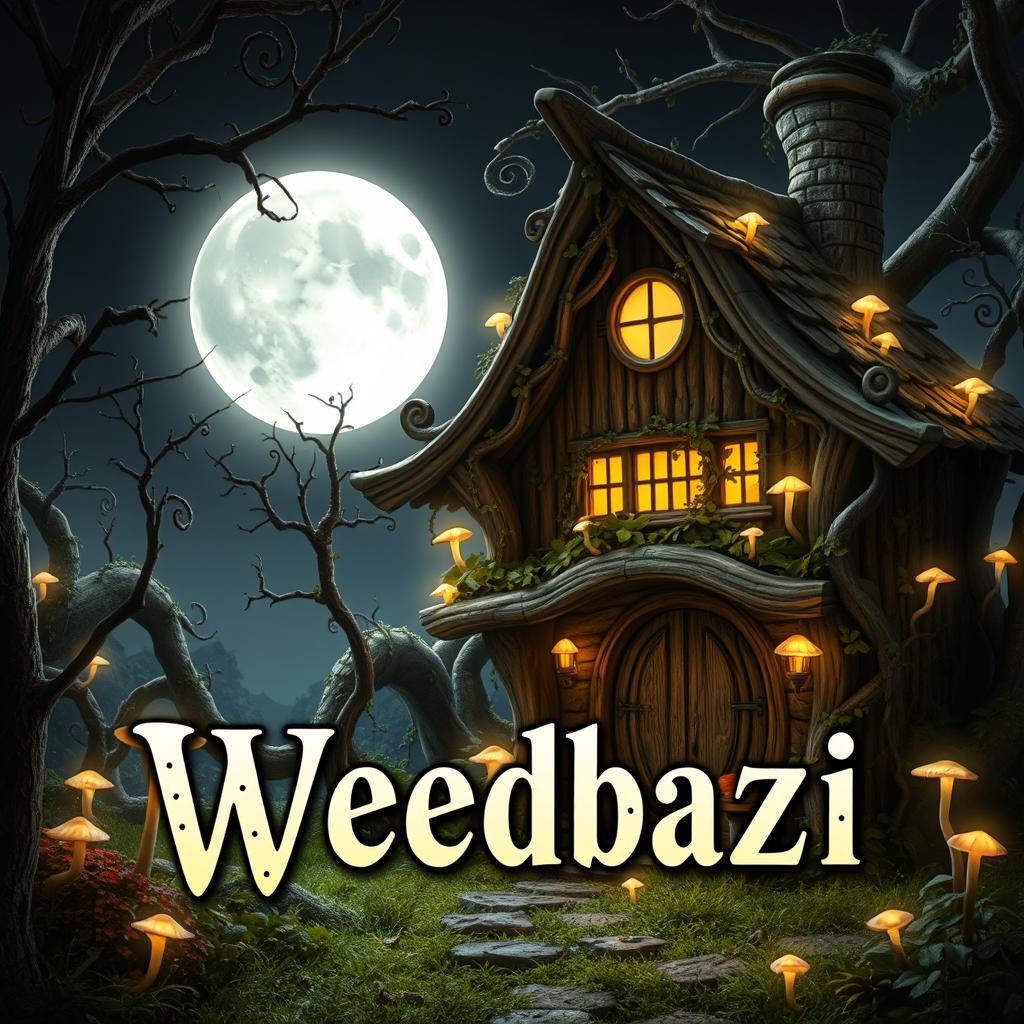 A magical fairy elven wooden home, elegantly crafted with intricate details and wrapped in vines, featuring glowing, lightly luminous cubensis mushrooms adorning the garden and walls